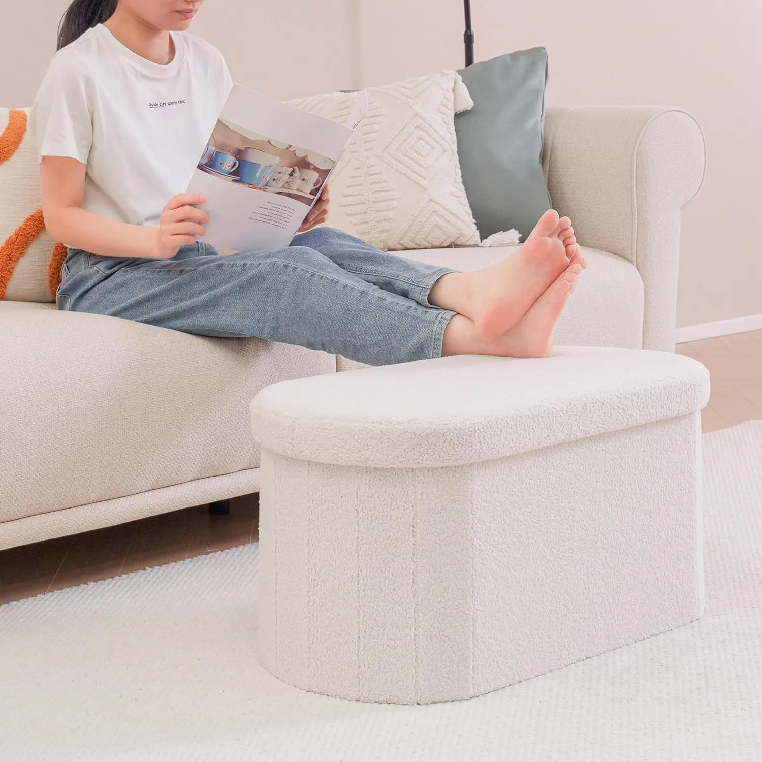 B FSOBEIIALEO Ottoman with Storage for Living Room, Sherpa Folding Storage Ottoman Foot Rest, 30 Inches Collapsible Bedroom Bench Cream White