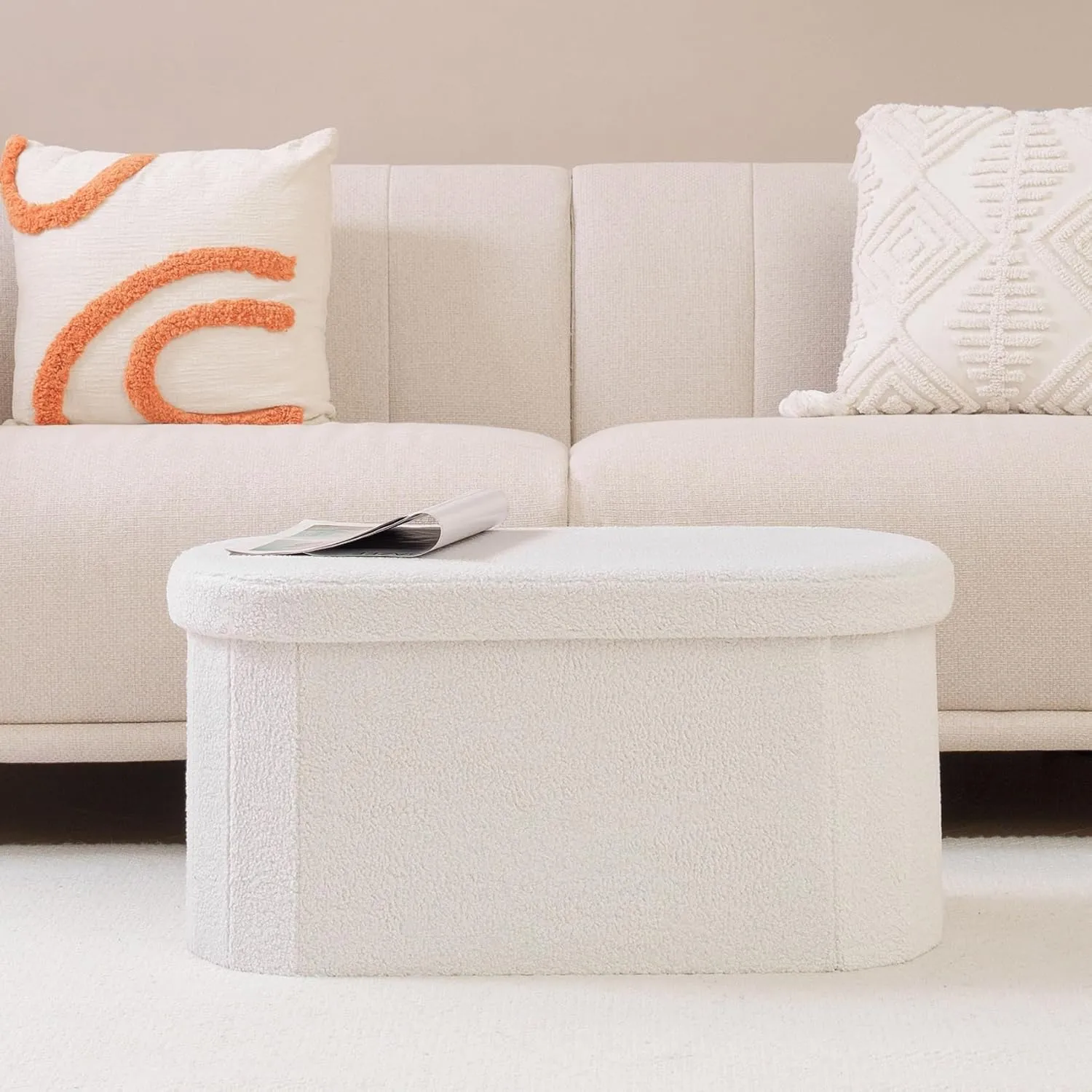 B FSOBEIIALEO Ottoman with Storage for Living Room, Sherpa Folding Storage Ottoman Foot Rest, 30 Inches Collapsible Bedroom Bench Cream White
