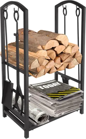 Babylon Fireplace Tools Log Rack Set with 4 Piece Tools Wrought Iron Black Fireplace Tools Firewood Holder Carrier Storage Rack with Brush Shovel Poker Tongs for Indoor Outdoor