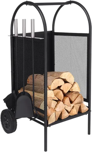 Babylon Wheeled Firewood Rack with 3 Fireplace Tools, Fireplace Log Rack with Brush Shovel Poker Fireplace Tools, Indoor Firewood Holder Fireplace Wood Mover Firepit Racks