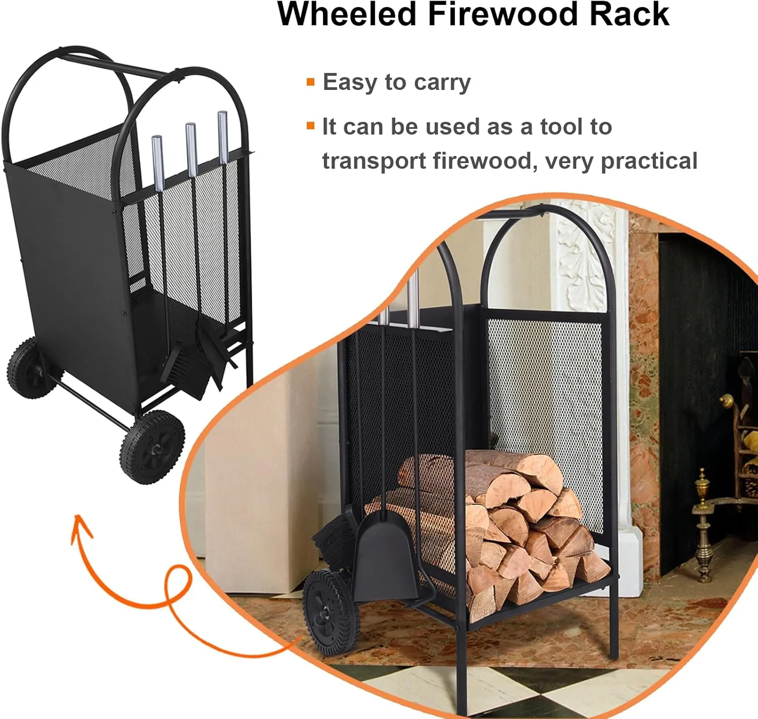 Babylon Wheeled Firewood Rack with 3 Fireplace Tools, Fireplace Log Rack with Brush Shovel Poker Fireplace Tools, Indoor Firewood Holder Fireplace Wood Mover Firepit Racks