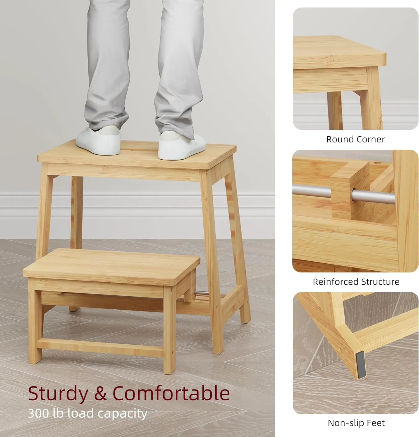 Bamboo Folding Step Stool with Sturdy Structure and Wide Stepping Surface for Safety, Multi-Purpose Foldable Step Stool, Step Ladder for Bathroom,Bedroom,Kitchen Step Stools for Adults 350 lbs