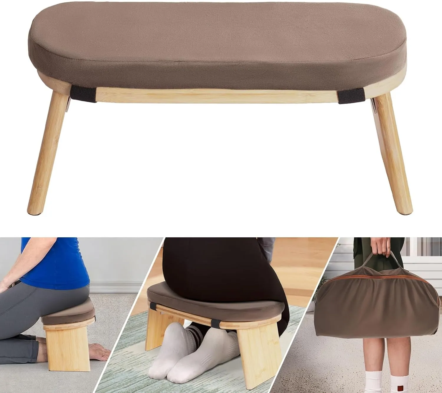 Bamboo Meditation Bench with Cushion, Folding Kneeling Meditation Bench, Portable Kneeling Chair for Kneeling or Sitting, 396.83lbs Load Max (Coffee)