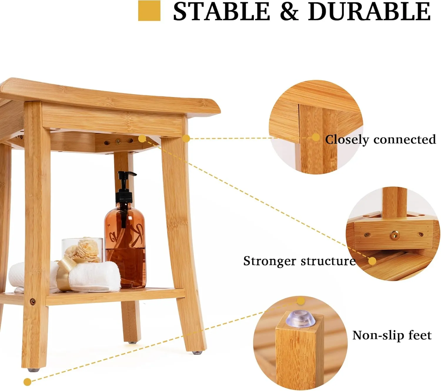 Bamboo Shower Bench Inside Shower Stool with Storage Shelf, Spa Bath Chair for Bathroom, Seat or Organizer for Living Room, Bedroom and Garden - Great for All Ages Elderly (Small, Natural)