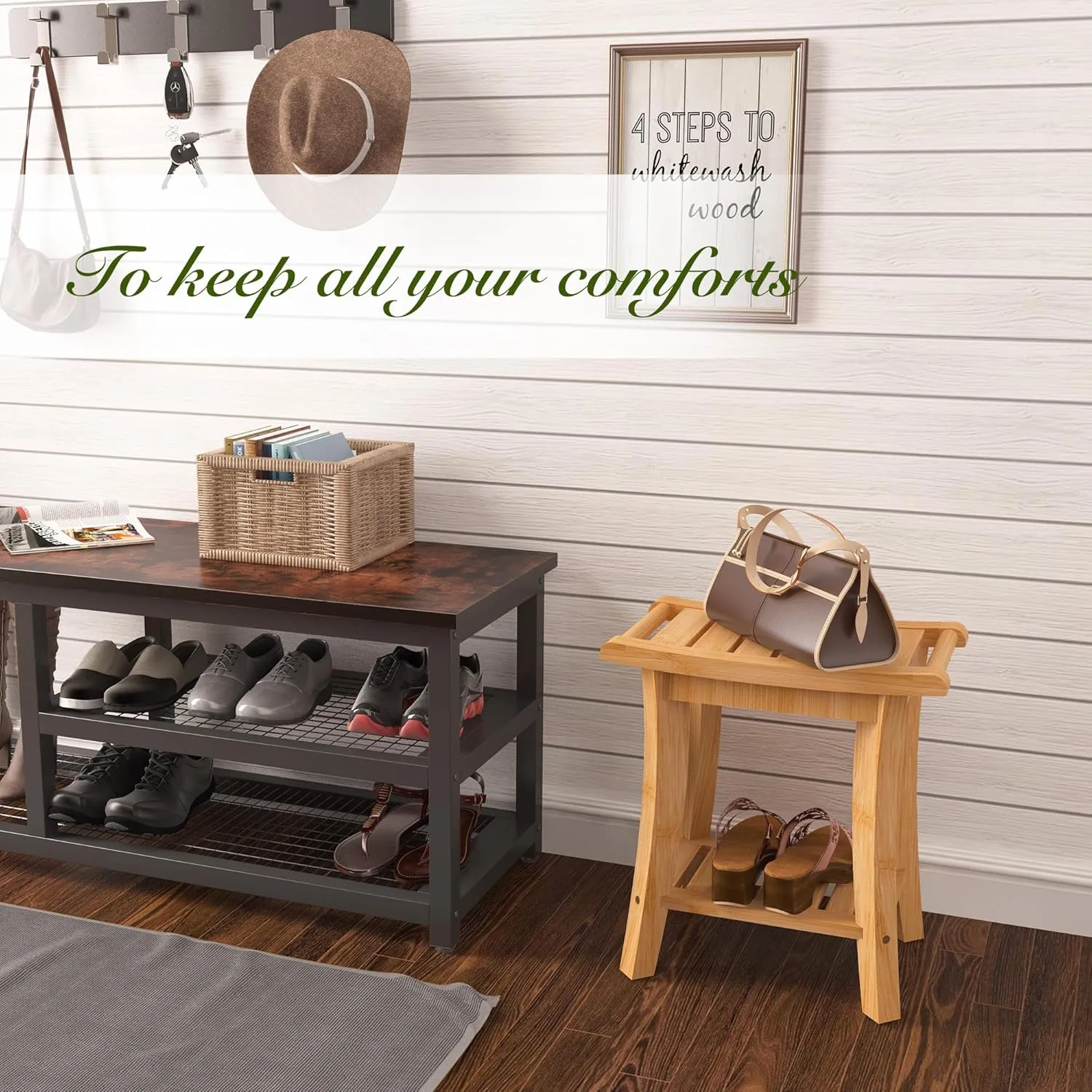 Bamboo Shower Bench Inside Shower Stool with Storage Shelf, Spa Bath Chair for Bathroom, Seat or Organizer for Living Room, Bedroom and Garden - Great for All Ages Elderly (Small, Natural)