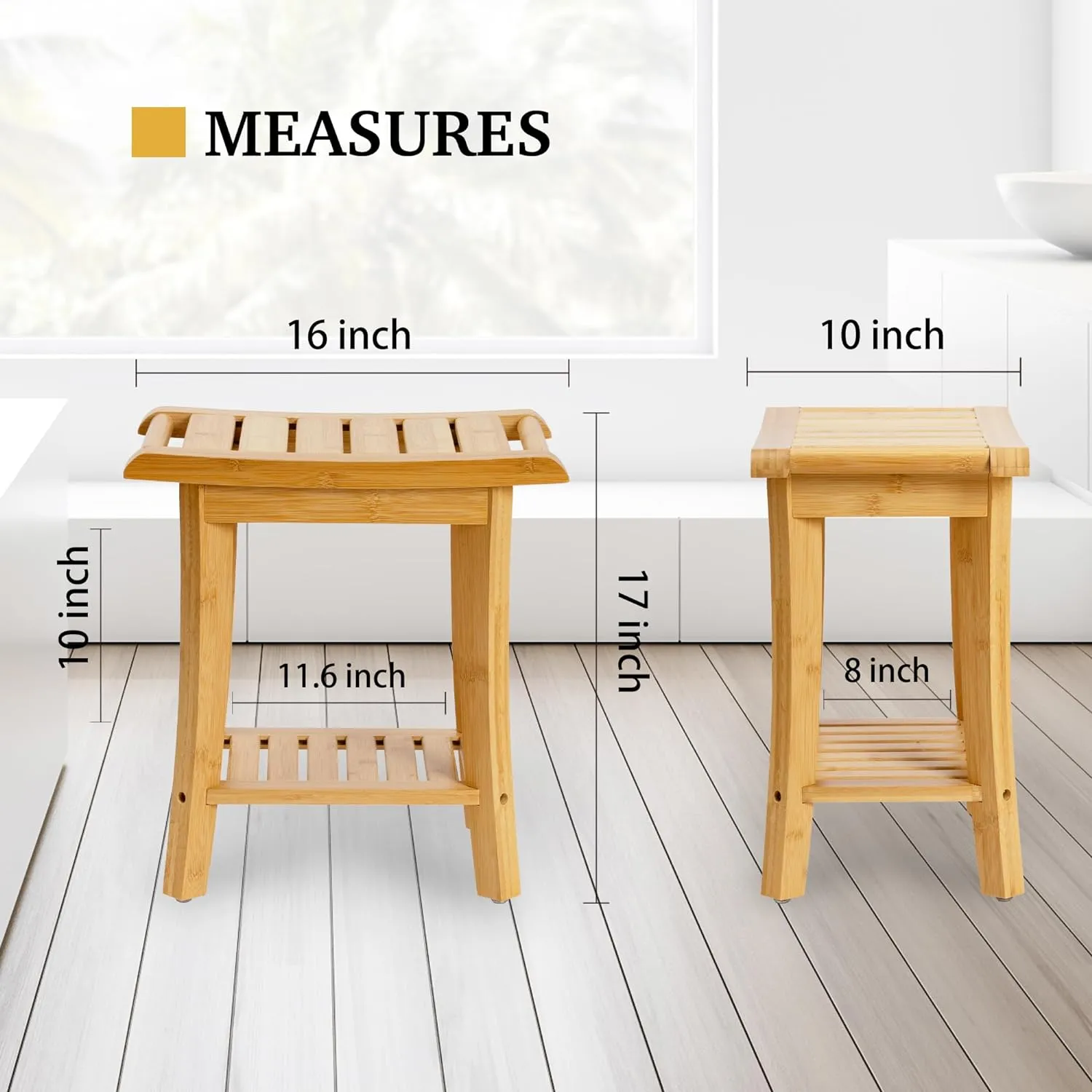 Bamboo Shower Bench Inside Shower Stool with Storage Shelf, Spa Bath Chair for Bathroom, Seat or Organizer for Living Room, Bedroom and Garden - Great for All Ages Elderly (Small, Natural)