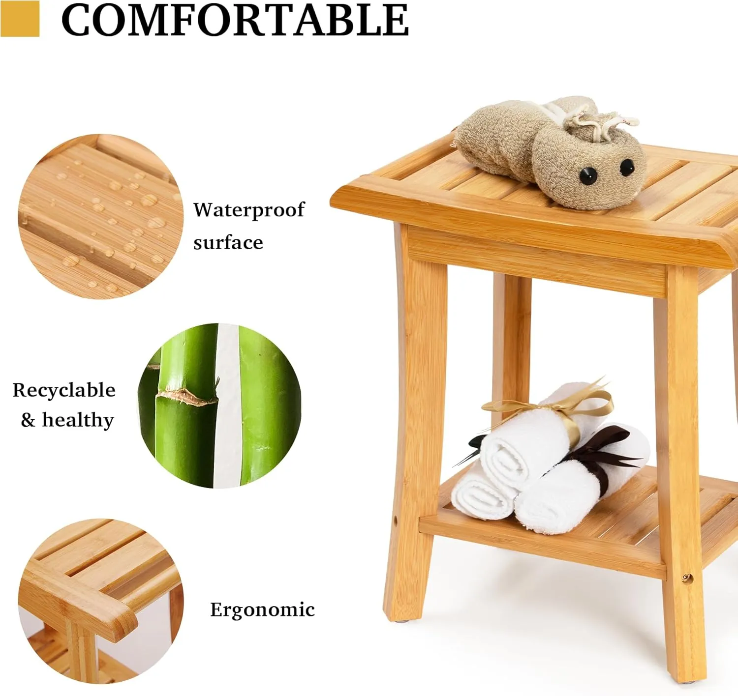Bamboo Shower Bench Inside Shower Stool with Storage Shelf, Spa Bath Chair for Bathroom, Seat or Organizer for Living Room, Bedroom and Garden - Great for All Ages Elderly (Small, Natural)