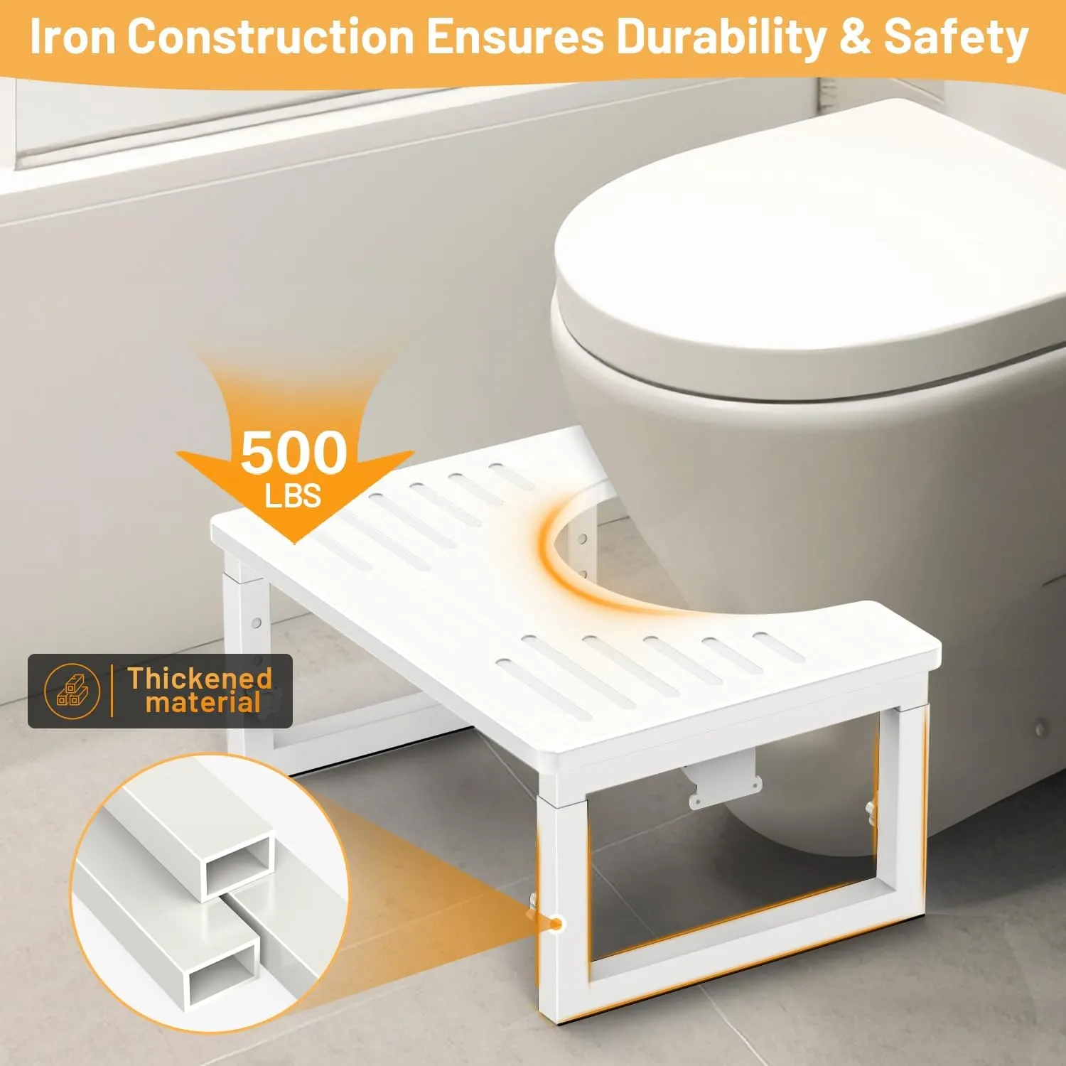 Bamboo Toilet Stool Foldable White, 7 in, 8 in Or 9 in Adjustable Height Pooping Stool Potty for Adults Kids, Sturdy Poop Step Stool for Bathroom, Non-Slip, Improve Squatting Posture, 500 lbs Capacity