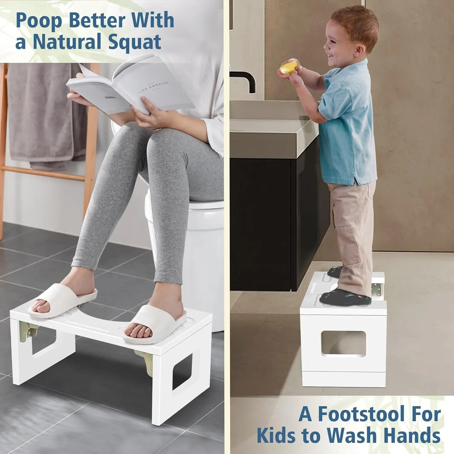 Bamboo Toilet Stool Squat 7in & 9in Adjustable Heights, Foldable Poop Stool for Bathroom Adults Kids, Potty Stool with Non-Slip Layer to Improve Bathroom Posture and Comfort, 400 lbs Capacity