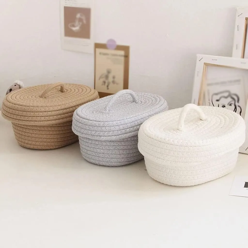 Basket Storage Box Desktop Sundries Cosmetics Snack Hand-Woven Cotton Thread Laundry Toys Organizer(Black)