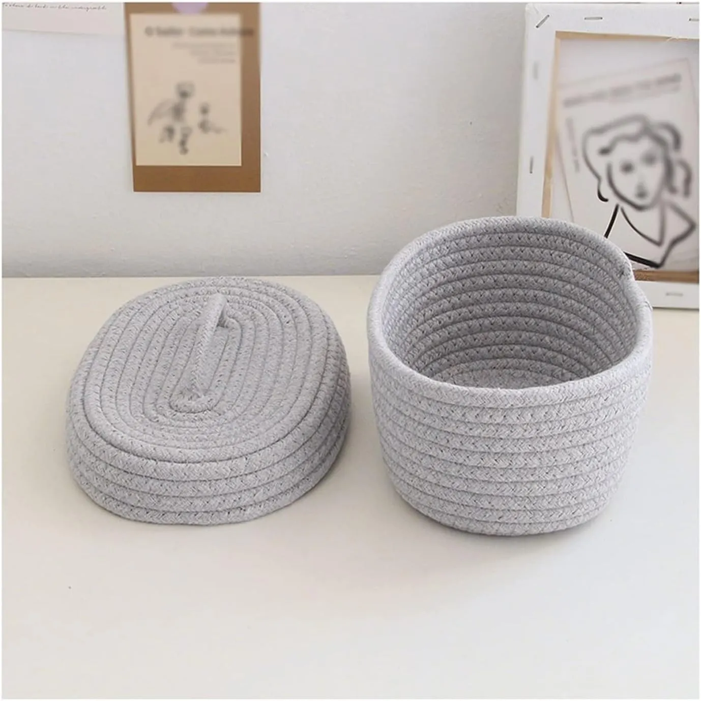 Basket Storage Box Desktop Sundries Cosmetics Snack Hand-Woven Cotton Thread Laundry Toys Organizer(Black)