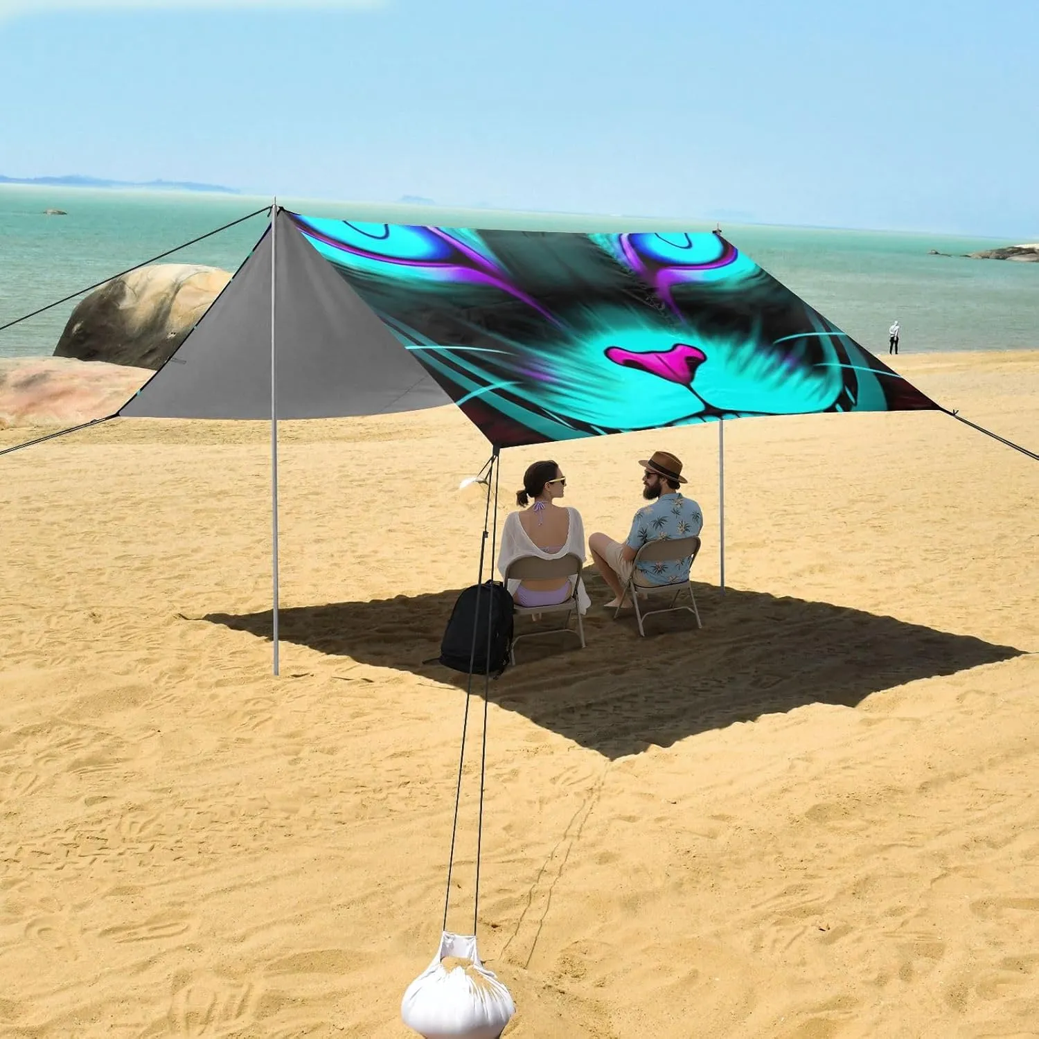 Beach Tent Canopy Cat Black Blue Glowing Eyes Outdoor Patio Sun Shade 9.2 × 10.5 FT Pool Camping Sun Shelter Yard Wind Sail Shade with Anchor Poles Easy up