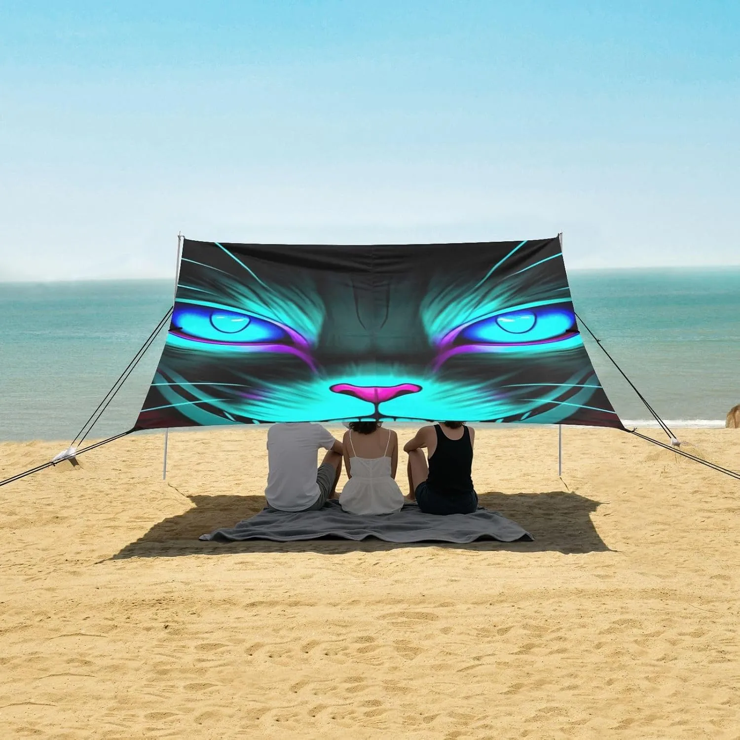 Beach Tent Canopy Cat Black Blue Glowing Eyes Outdoor Patio Sun Shade 9.2 × 10.5 FT Pool Camping Sun Shelter Yard Wind Sail Shade with Anchor Poles Easy up