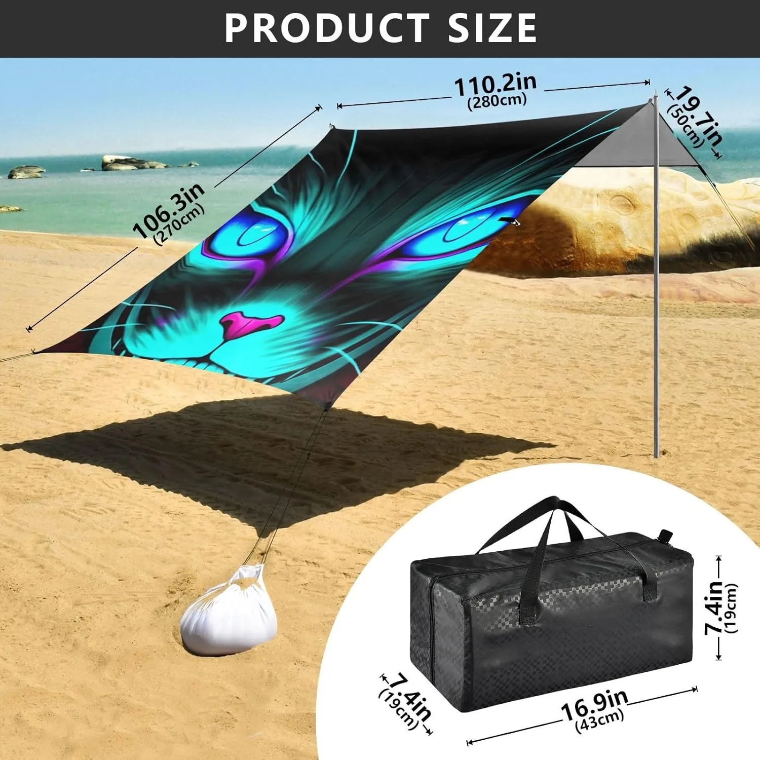 Beach Tent Canopy Cat Black Blue Glowing Eyes Outdoor Patio Sun Shade 9.2 × 10.5 FT Pool Camping Sun Shelter Yard Wind Sail Shade with Anchor Poles Easy up
