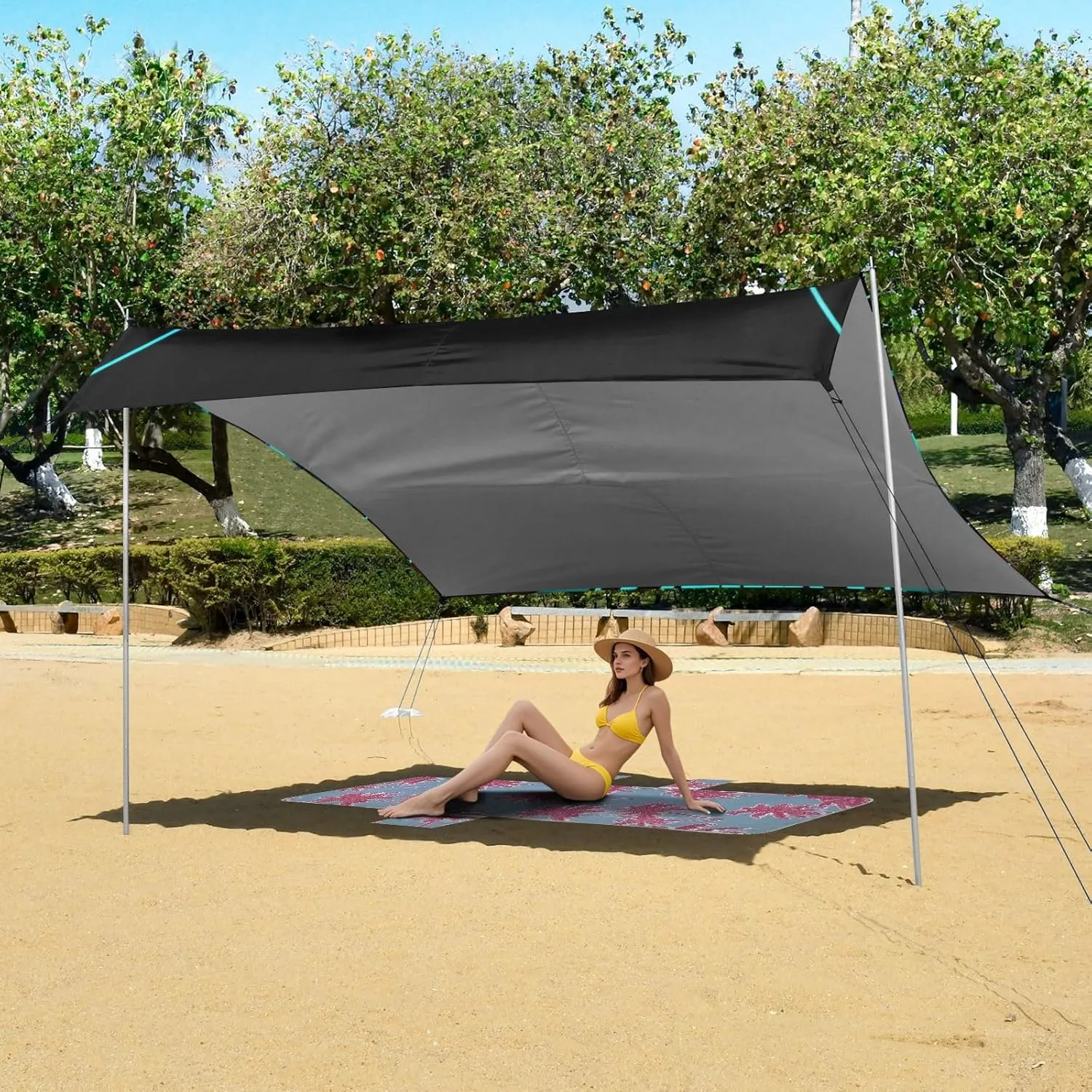 Beach Tent Canopy Cat Black Blue Glowing Eyes Outdoor Patio Sun Shade 9.2 × 10.5 FT Pool Camping Sun Shelter Yard Wind Sail Shade with Anchor Poles Easy up