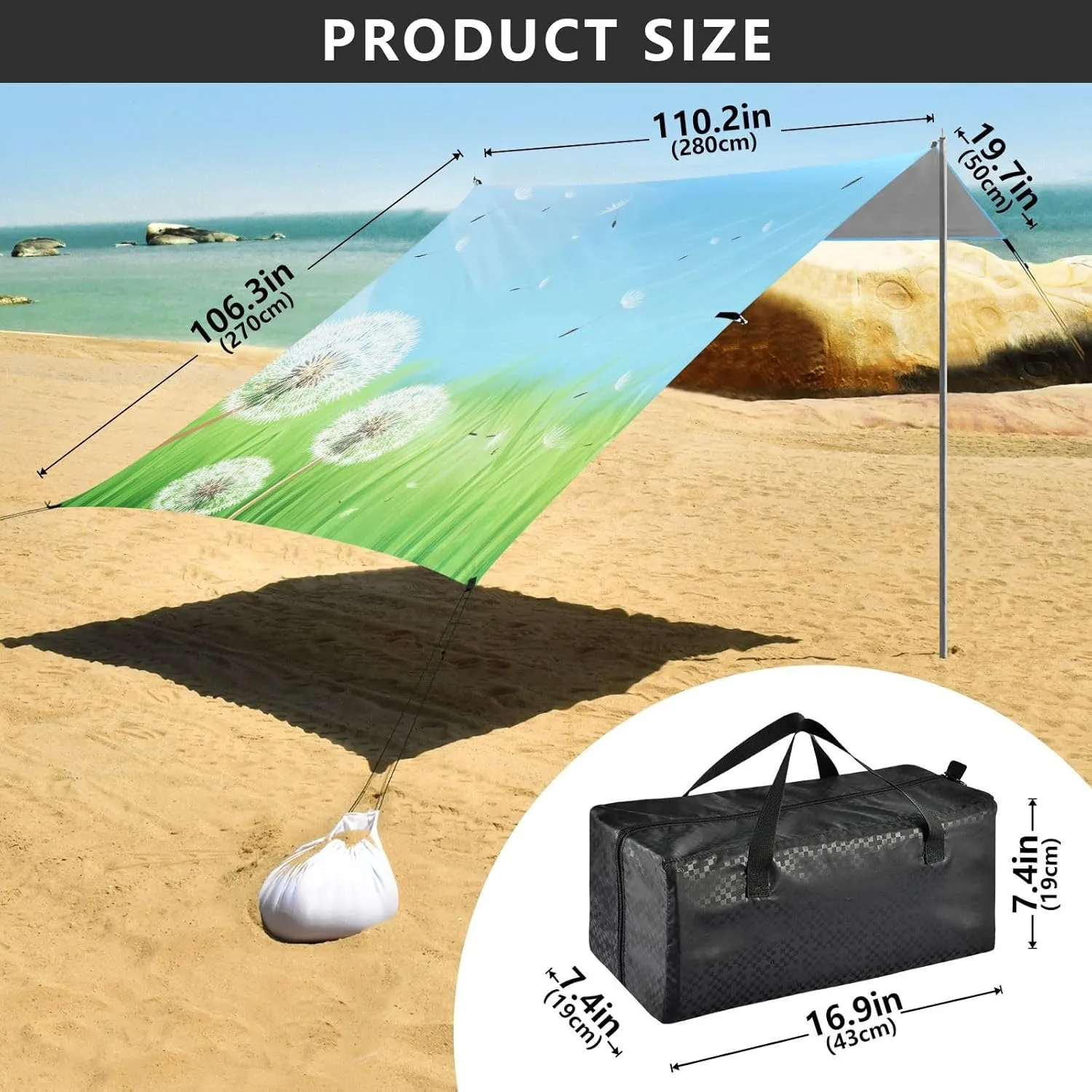 Beach Tent Canopy Outdoor Patio Sun Shade Floral Travel Camping Sun Shelter with Poles Sand Anchor Shelters 9.2 × 10.5 FT Beautiful Spring Dandelions