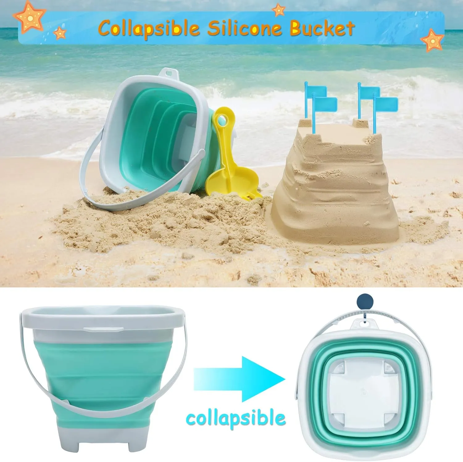 Beach Toys Sand Set for Kids, Collapsible Bucket and Shovels with Mesh Bag, Molds, Flags, Sandbox Kids Toddlers, Travel (Tavel Size)