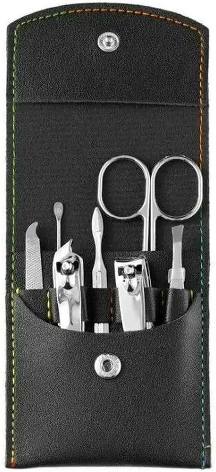 Beauty and Enhancement Tool Set 7 Piece Folding Bag Nail Clippers Portable Household Diagonal Ear Spoon (Black)