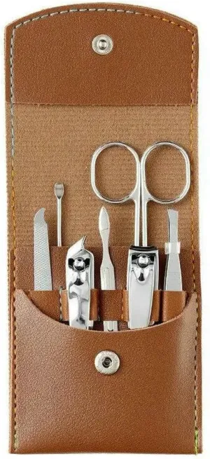 Beauty and Enhancement Tool Set 7 Piece Folding Bag Nail Clippers Portable Household Diagonal Ear Spoon (Brown)