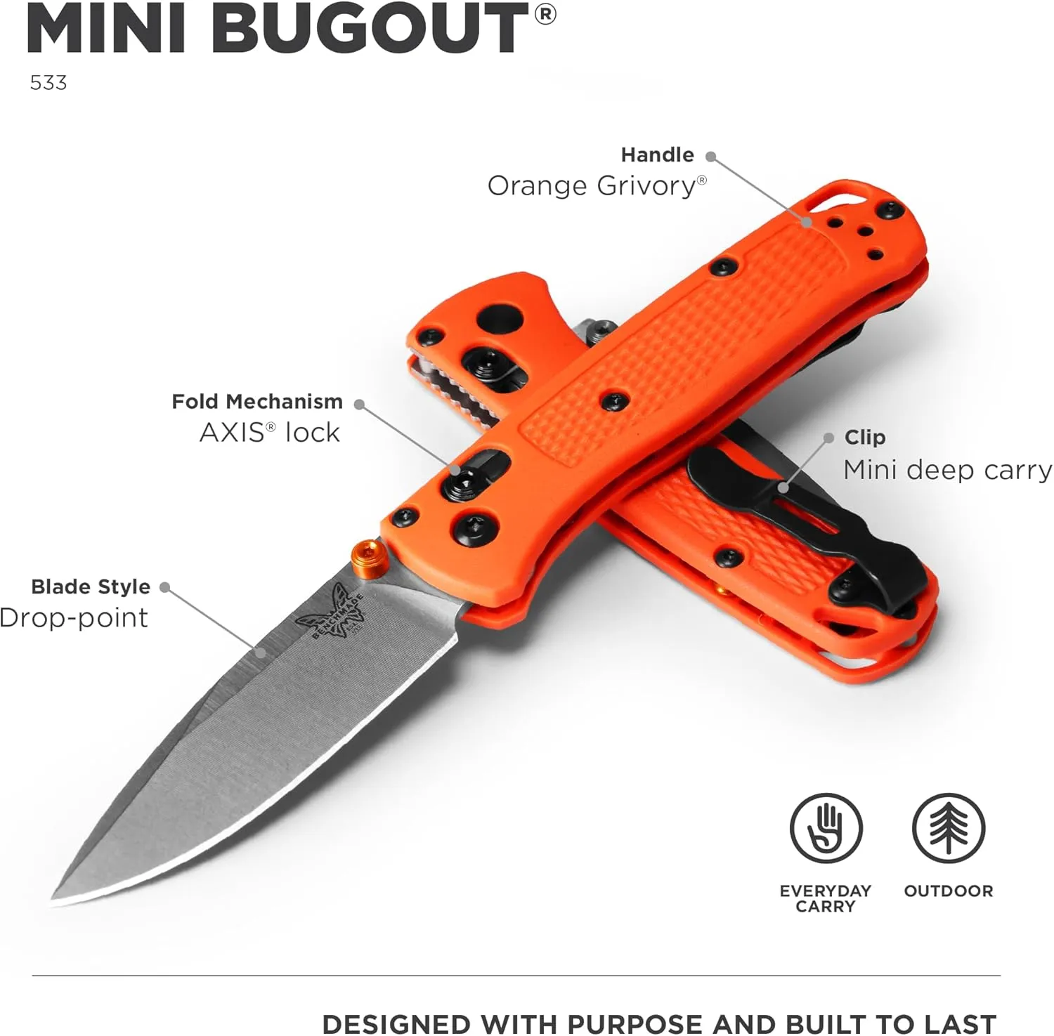 Benchmade - Mini Bugout 533 Folding Knife with Orange Grivory Handle (533)