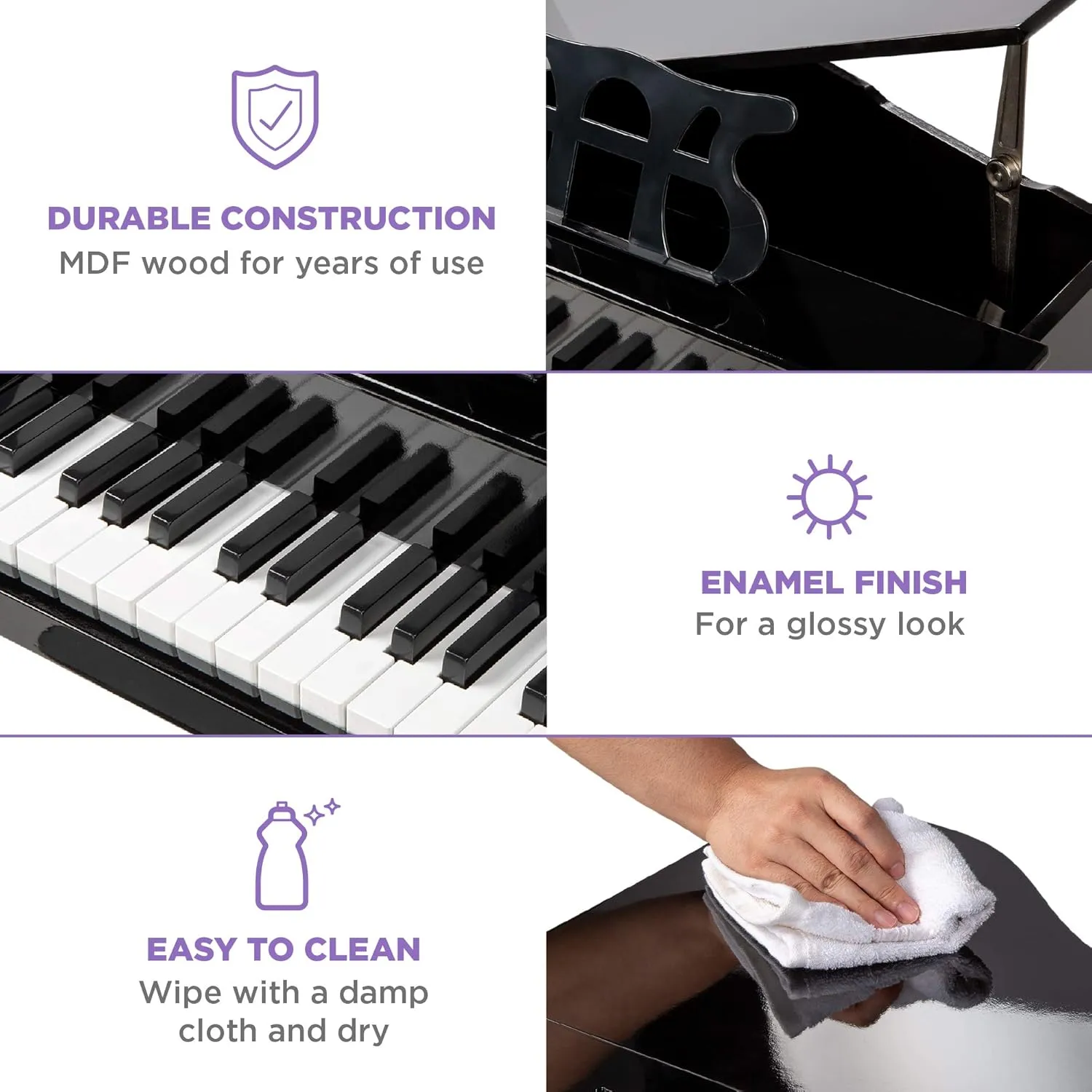 Best Choice Products Kids Classic Wooden 30-Key Mini Grand Piano Musical Instrument Toy w/Piano Lid, Bench, Foldable Music Rack, Song Book, Note Stickers, Enamel Finish - Black