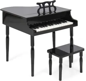 Best Choice Products Kids Classic Wooden 30-Key Mini Grand Piano Musical Instrument Toy w/Piano Lid, Bench, Foldable Music Rack, Song Book, Note Stickers, Enamel Finish - Black