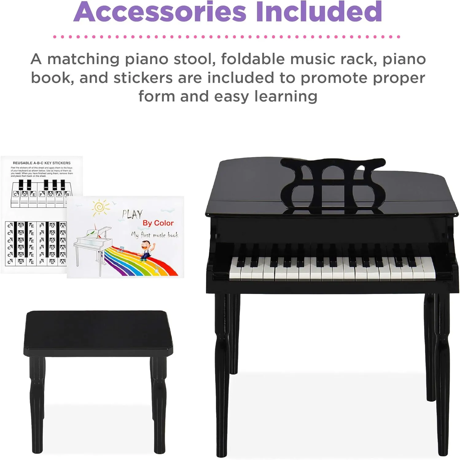 Best Choice Products Kids Classic Wooden 30-Key Mini Grand Piano Musical Instrument Toy w/Piano Lid, Bench, Foldable Music Rack, Song Book, Note Stickers, Enamel Finish - Black