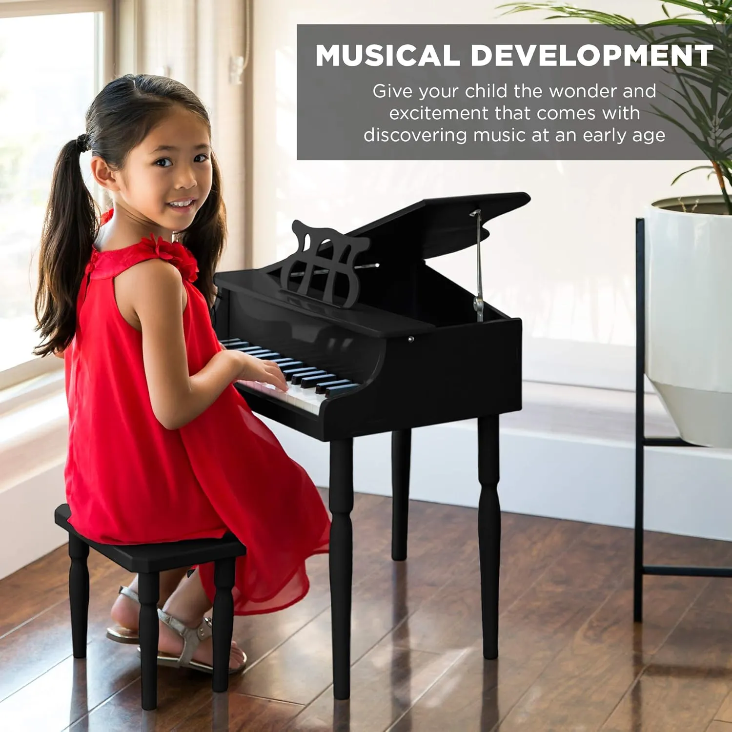 Best Choice Products Kids Classic Wooden 30-Key Mini Grand Piano Musical Instrument Toy w/Piano Lid, Bench, Foldable Music Rack, Song Book, Note Stickers, Enamel Finish - Black