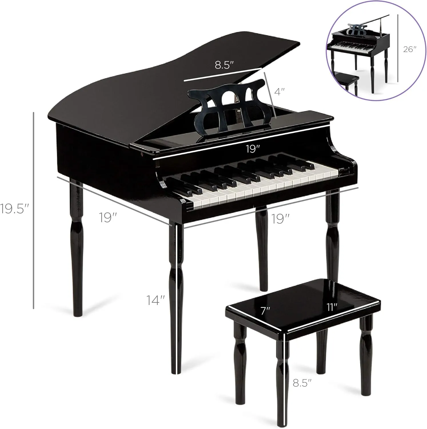Best Choice Products Kids Classic Wooden 30-Key Mini Grand Piano Musical Instrument Toy w/Piano Lid, Bench, Foldable Music Rack, Song Book, Note Stickers, Enamel Finish - Black