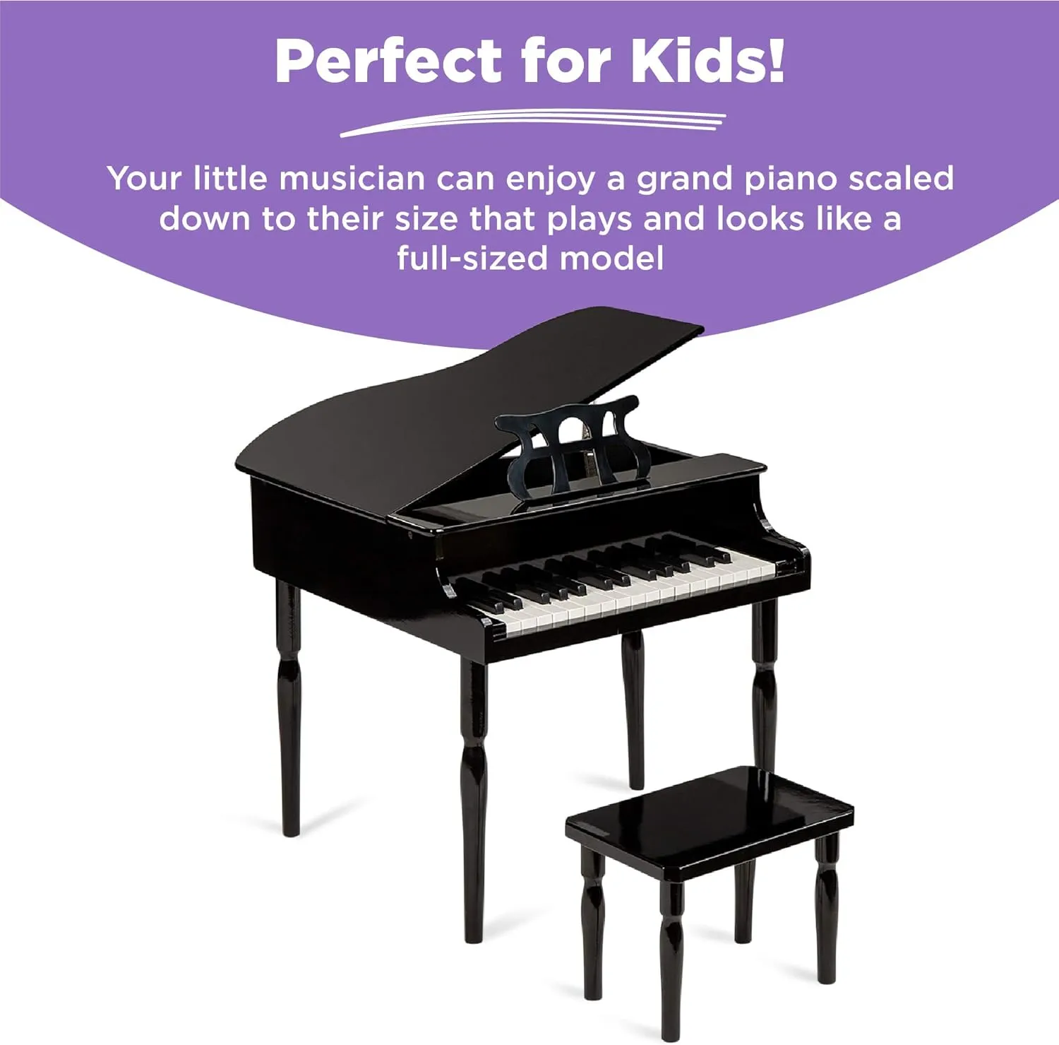 Best Choice Products Kids Classic Wooden 30-Key Mini Grand Piano Musical Instrument Toy w/Piano Lid, Bench, Foldable Music Rack, Song Book, Note Stickers, Enamel Finish - Black