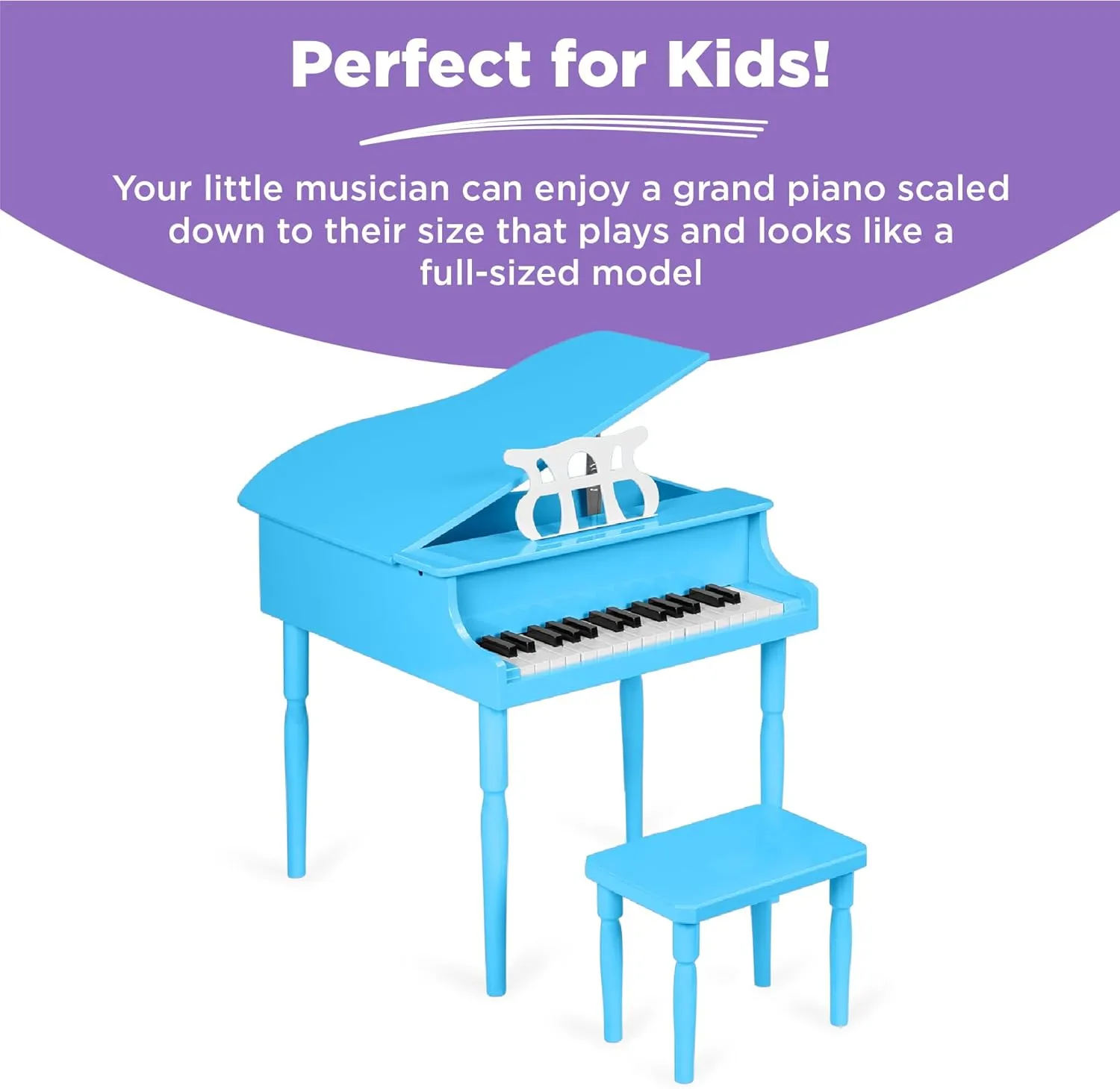 Best Choice Products Kids Classic Wooden 30-Key Mini Grand Piano Musical Instrument w/Piano Lid, Bench, Foldable Music Rack, Song Book, Note Stickers, Enamel Finish - Light Blue
