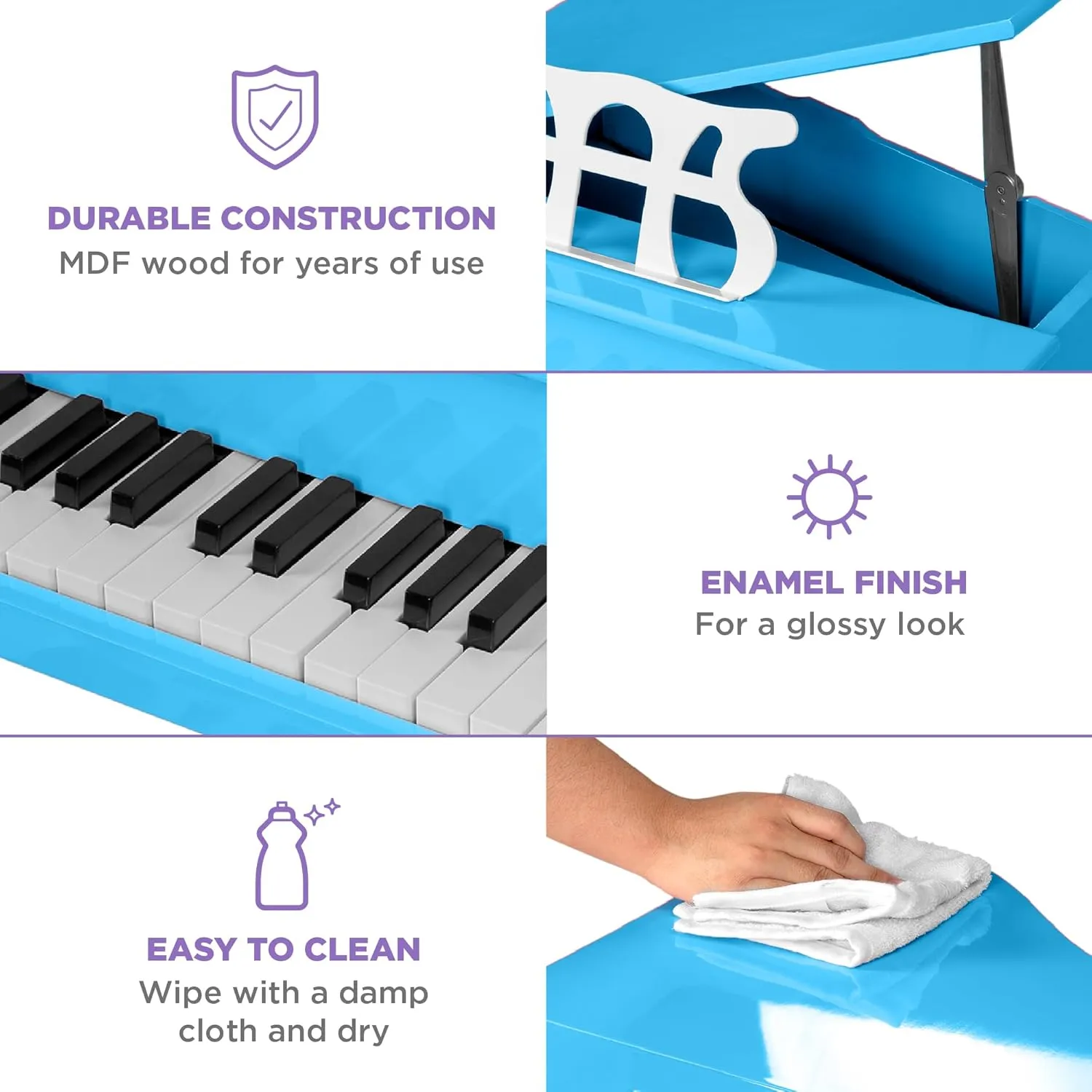 Best Choice Products Kids Classic Wooden 30-Key Mini Grand Piano Musical Instrument w/Piano Lid, Bench, Foldable Music Rack, Song Book, Note Stickers, Enamel Finish - Light Blue