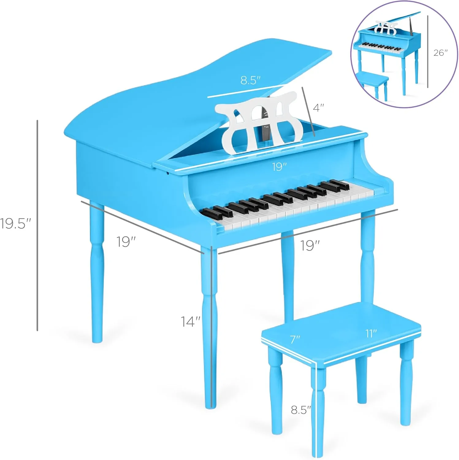 Best Choice Products Kids Classic Wooden 30-Key Mini Grand Piano Musical Instrument w/Piano Lid, Bench, Foldable Music Rack, Song Book, Note Stickers, Enamel Finish - Light Blue