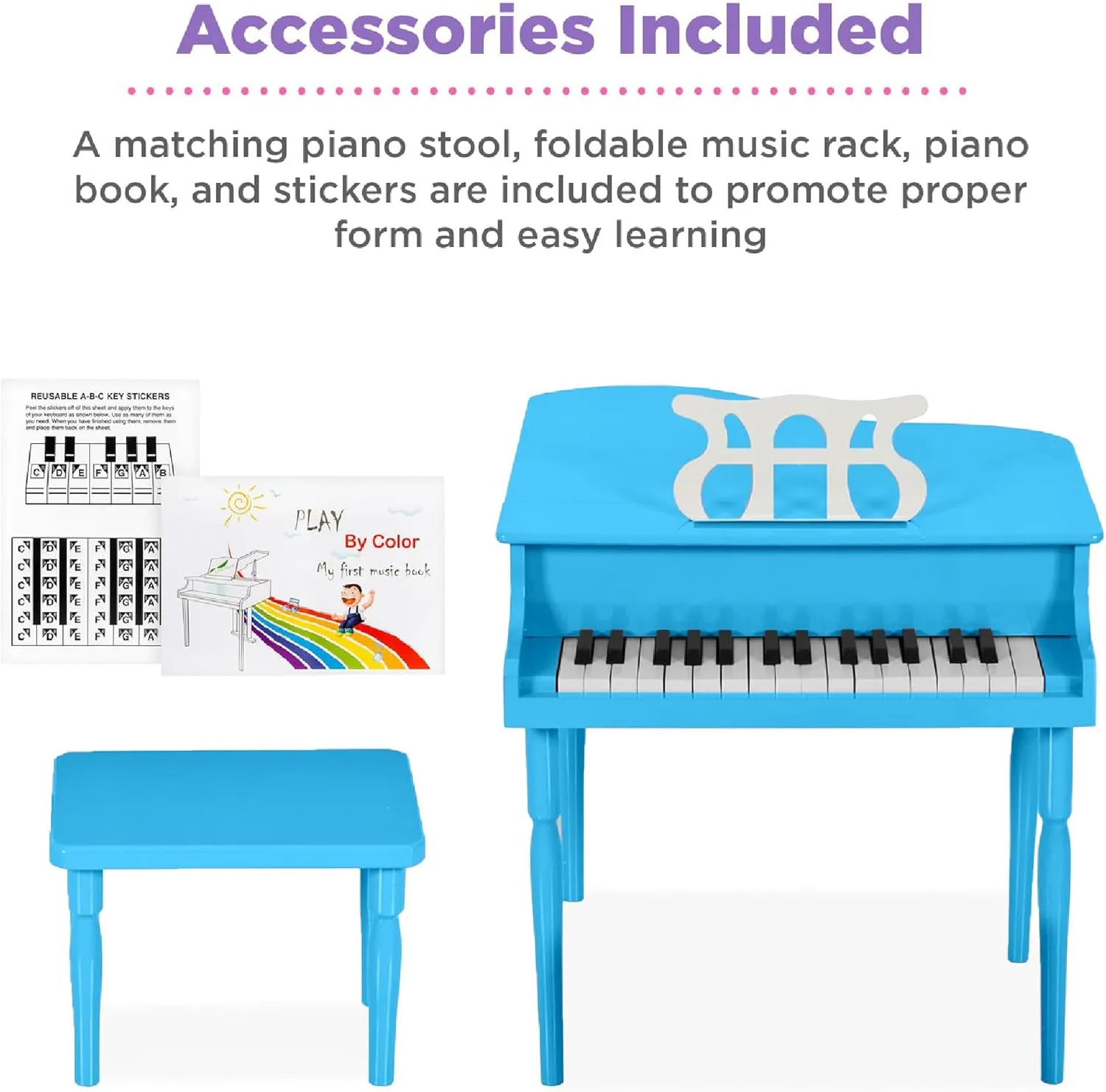 Best Choice Products Kids Classic Wooden 30-Key Mini Grand Piano Musical Instrument w/Piano Lid, Bench, Foldable Music Rack, Song Book, Note Stickers, Enamel Finish - Light Blue