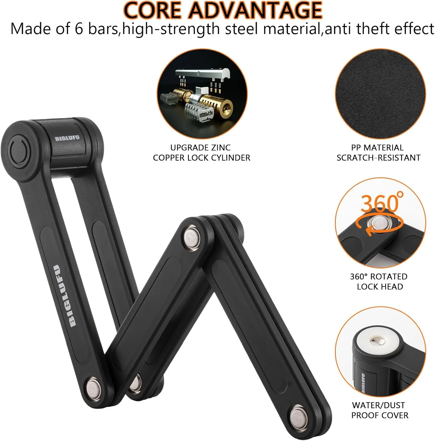 BIGLUFU Bike Lock Bicycle Scooter Motorcycle Folding Locks with 4Keys, Fold Chain Heavy Duty Alloy Steel Foldable Lock with Mounting Bracket 2pc Straps, 86cm/34 Unfolding, 1.92 lbs