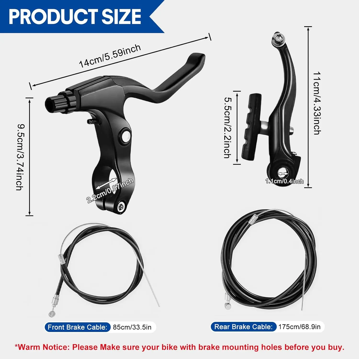 Bike Brake Set V-Type Front and Rear Bicycle Brakes MTB Brake Lever Inner and Outer Cables Kit with Multi-Tool Wrenches, Callipers Cables Lever Kit for Kids Bike, BMX, MTB, Road Bike