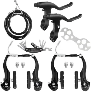 Bike Brake Set V-Type Front and Rear Bicycle Brakes MTB Brake Lever Inner and Outer Cables Kit with Multi-Tool Wrenches, Callipers Cables Lever Kit for Kids Bike, BMX, MTB, Road Bike