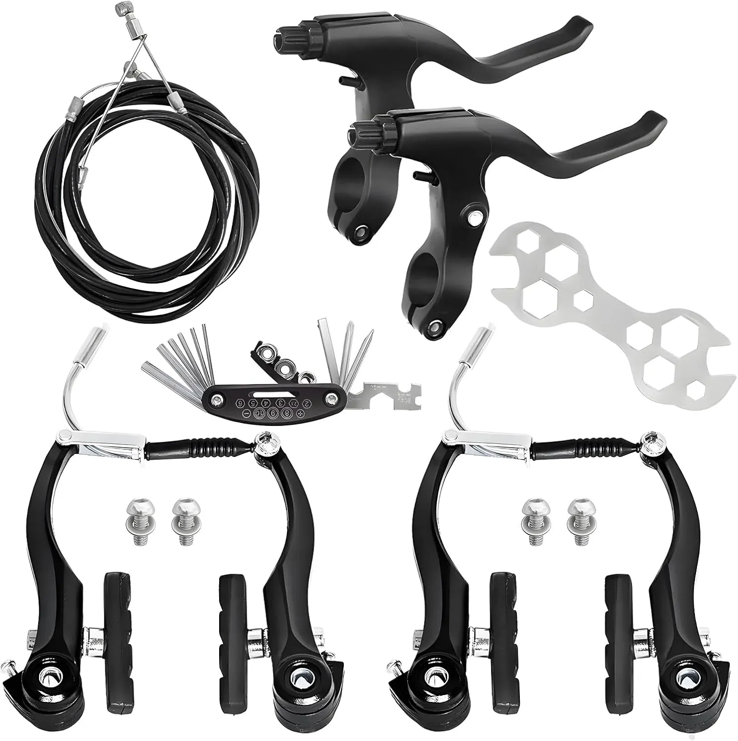 Bike Brake Set V-Type Front and Rear Bicycle Brakes MTB Brake Lever Inner and Outer Cables Kit with Multi-Tool Wrenches, Callipers Cables Lever Kit for Kids Bike, BMX, MTB, Road Bike