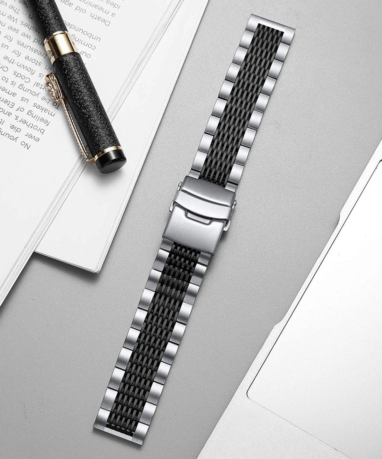 BINLUN Stainless Steel Watch Band, Metal Watch Strap for Men Women Replacement with Double-Lock Deployment Clasp Polished Watch Bracelet Silver Black Gold Rose-gold 18/19/20/21/22/24mm