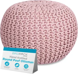 BIRDROCK HOME Round Pouf Ottoman | Cotton Braided Foot Stool with Bean Bag Filling | Boho Foot Rest for Living Room & Bedroom | Compact & Comfortable Seating, Lightweight & Soft | Dusty Rose
