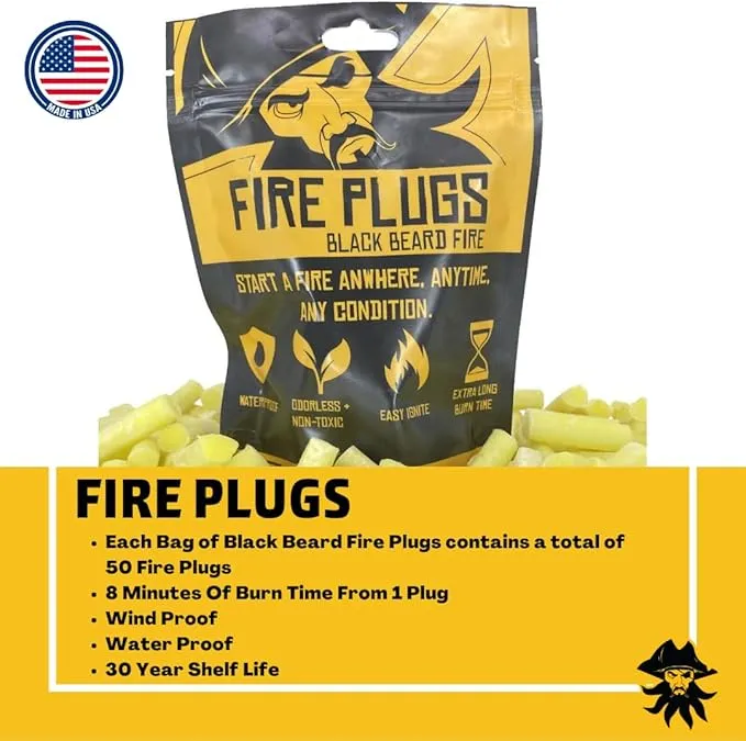 Black Beard Fire Plugs (50 Plugs) | 100% Weatherproof Fire Starter for Campfires | Can Light 50  Fires | Extra Long Burn Time | 30 Yr Shelf Life for Emergency Survival Kits | Made in USA, Yellow