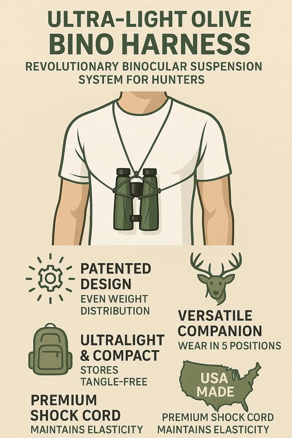 Black Safety Ultra-Light Bino Harness with Emergency Whistle - Binocular Harness System for Bow, Deer, and Elk Hunting