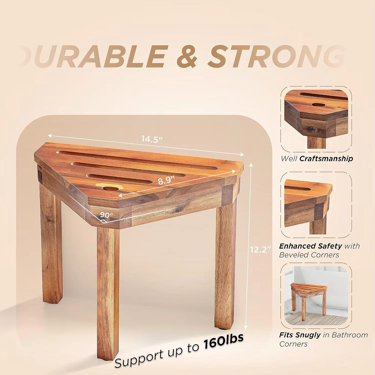 BLUEWEST Shower Foot Stool for Shaving Legs, Acacia Wood Bathroom Foot Rest, Compact Corner Step Stool for Small Spaces & Inside Showers