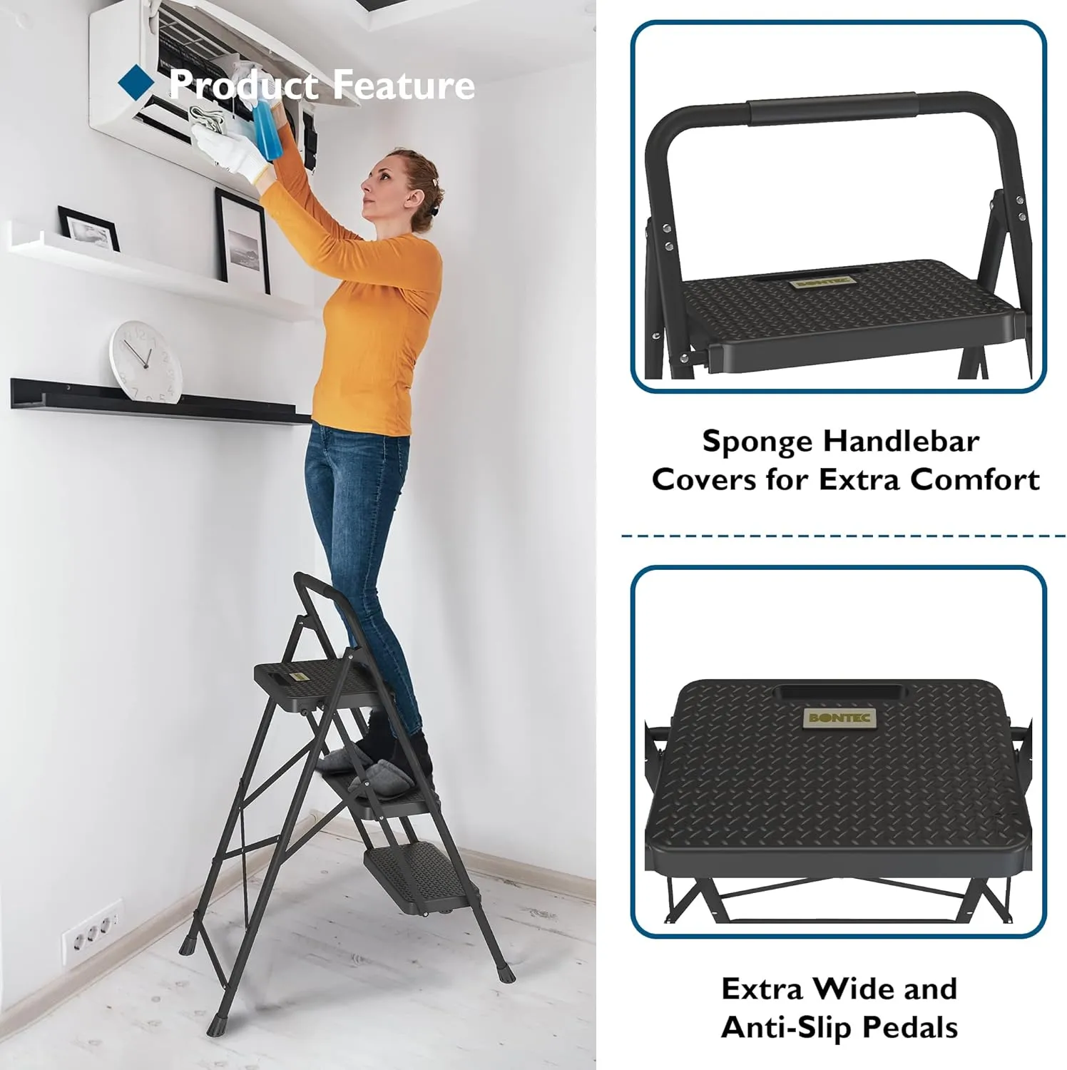 BONTEC 3-Step Ladder, Folding Step Stool, 600lbs Max Load Capacity, Sturdy Steel, Non-Slip Pedals, Lightweight, Portable Steel Ladder with Convenient Handrail, Safety Design for Home & Work, Black