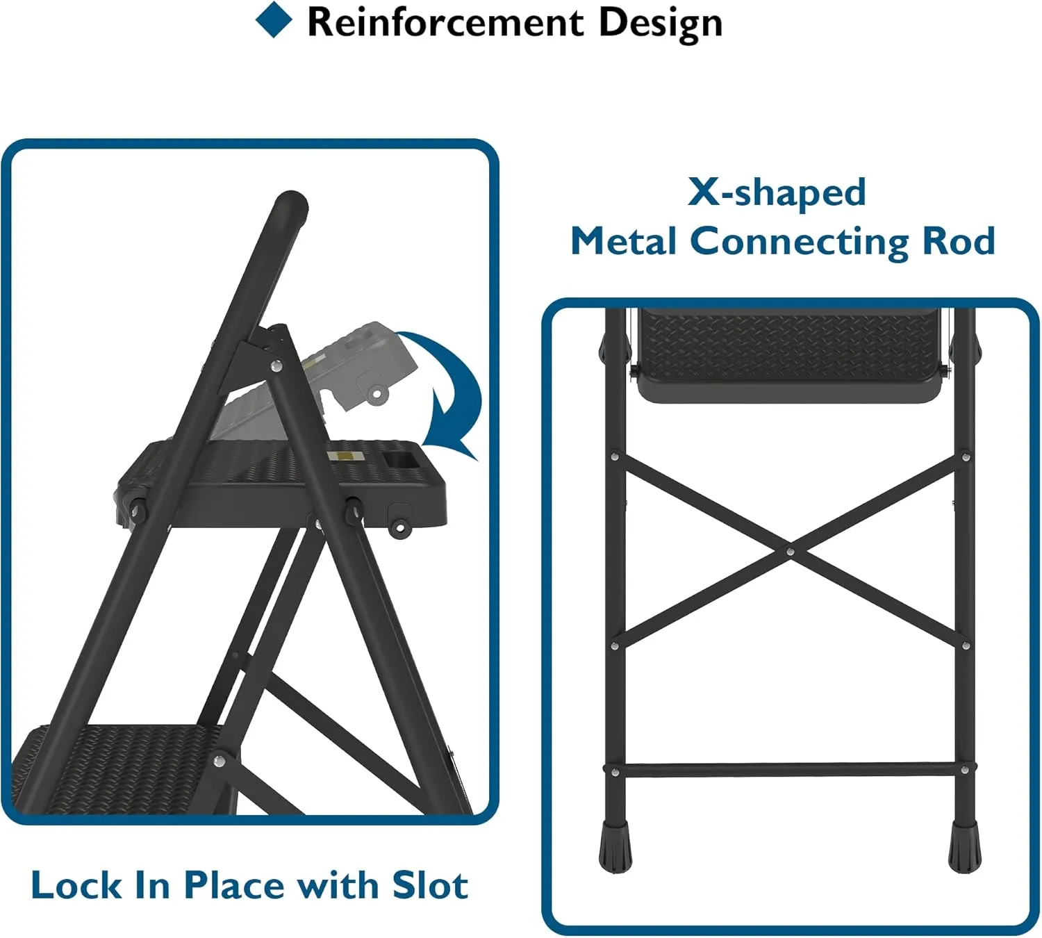 BONTEC 3-Step Ladder, Folding Step Stool, 600lbs Max Load Capacity, Sturdy Steel, Non-Slip Pedals, Lightweight, Portable Steel Ladder with Convenient Handrail, Safety Design for Home & Work, Black