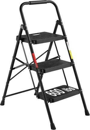 BONTEC 3-Step Ladder, Folding Step Stool, 600lbs Max Load Capacity, Sturdy Steel, Non-Slip Pedals, Lightweight, Portable Steel Ladder with Convenient Handrail, Safety Design for Home & Work, Black