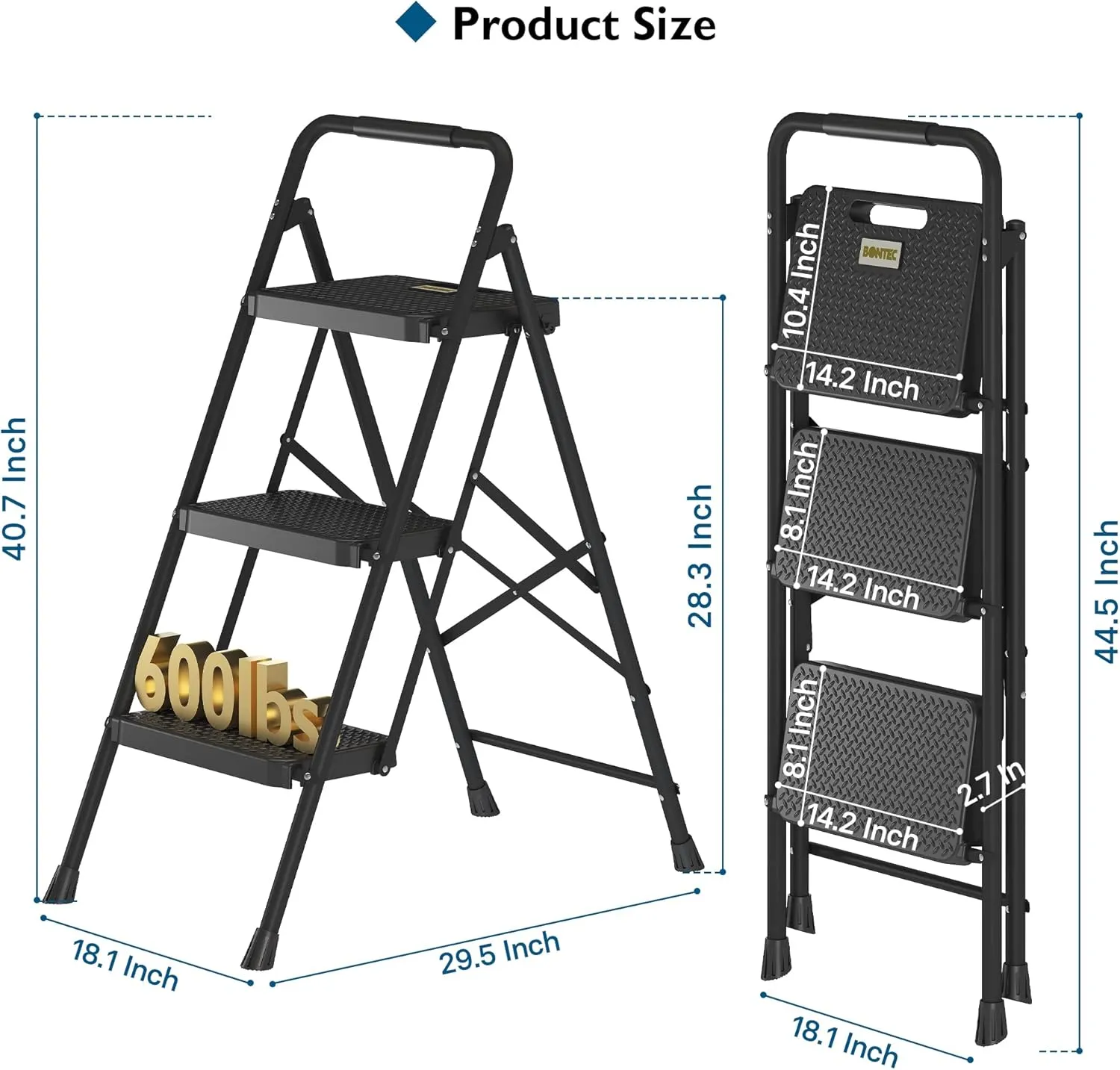 BONTEC 3-Step Ladder, Folding Step Stool, 600lbs Max Load Capacity, Sturdy Steel, Non-Slip Pedals, Lightweight, Portable Steel Ladder with Convenient Handrail, Safety Design for Home & Work, Black