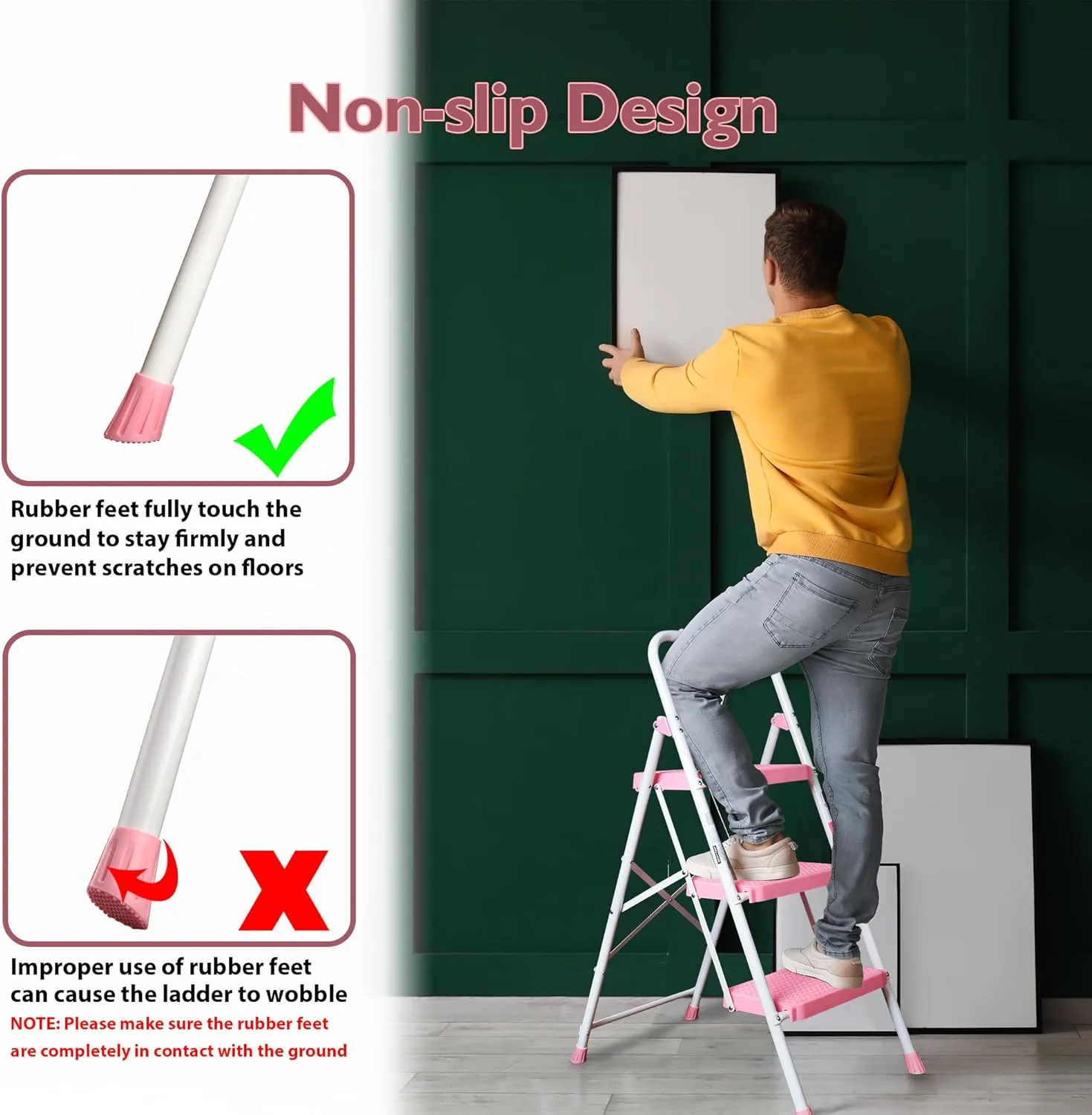 BONTEC 3-Step Ladder, Folding Step Stool, 600lbs Max Load Capacity, Sturdy Steel, Non-Slip Pedals, Lightweight, Portable Steel Ladder with Convenient Handrail, Safety Design for Home & Work, Pink