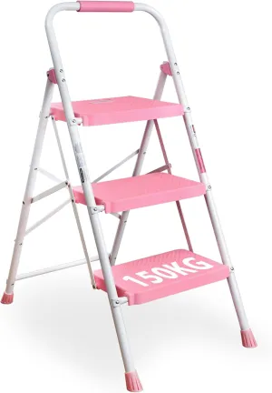 BONTEC 3-Step Ladder, Folding Step Stool, 600lbs Max Load Capacity, Sturdy Steel, Non-Slip Pedals, Lightweight, Portable Steel Ladder with Convenient Handrail, Safety Design for Home & Work, Pink