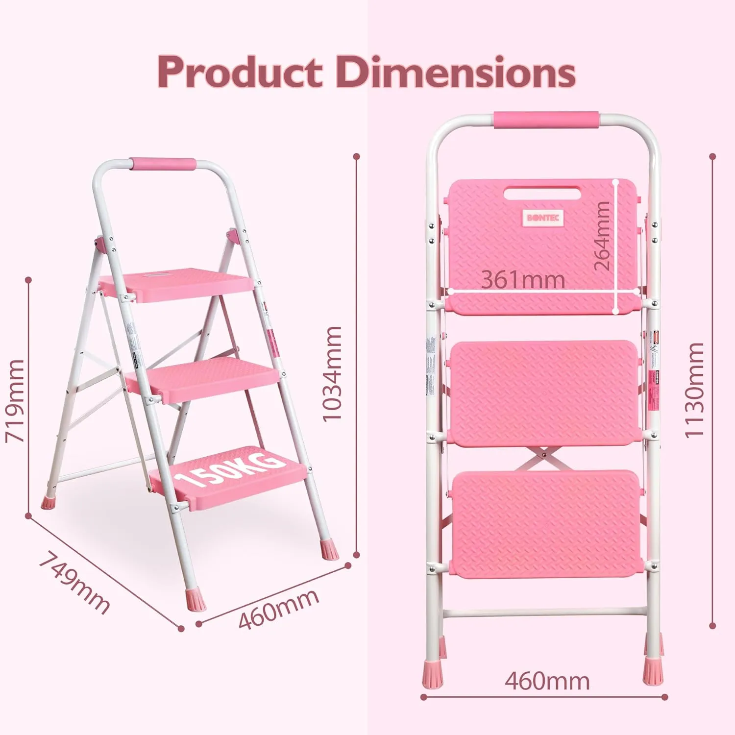 BONTEC 3-Step Ladder, Folding Step Stool, 600lbs Max Load Capacity, Sturdy Steel, Non-Slip Pedals, Lightweight, Portable Steel Ladder with Convenient Handrail, Safety Design for Home & Work, Pink